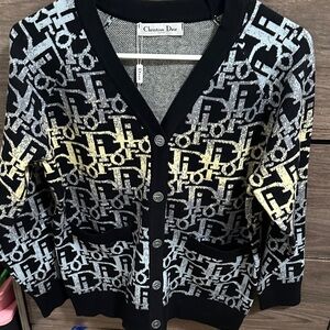 Black Cardigan with Pale Yellow and Light Gray Logo Pattern size M